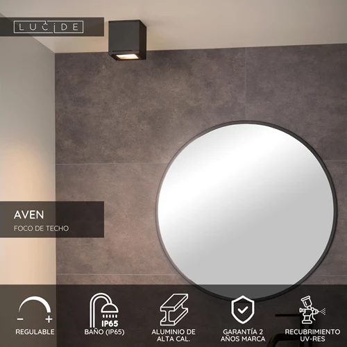 Lucide AVEN - Foco de techo Baño - 1xGU10 - IP65 - Negro - USP